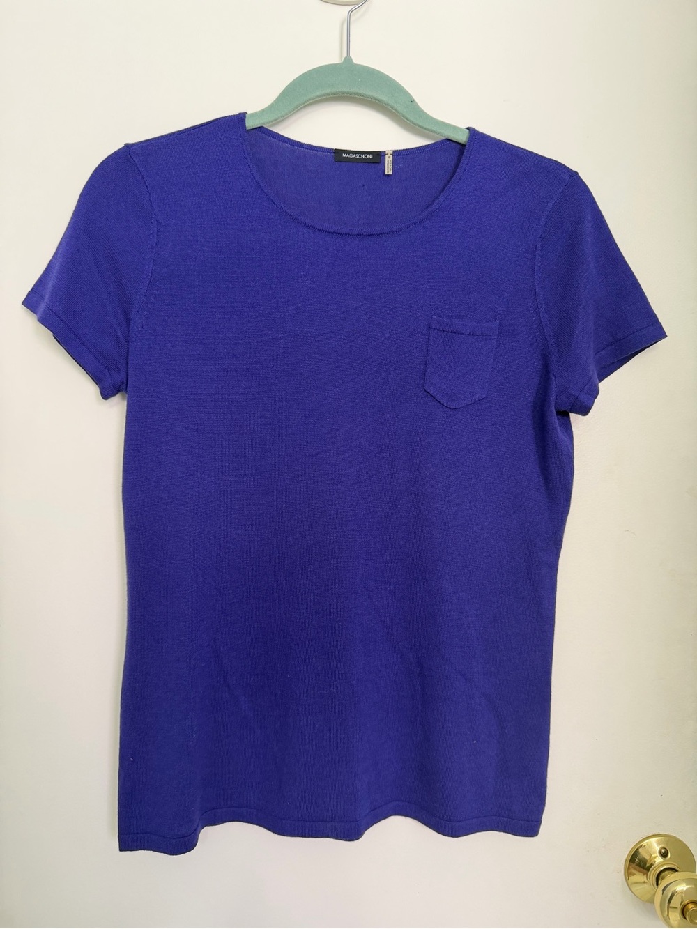 Magaschoni Silk Cashmere Blue Crew Neck Pocket Tee Size Medium